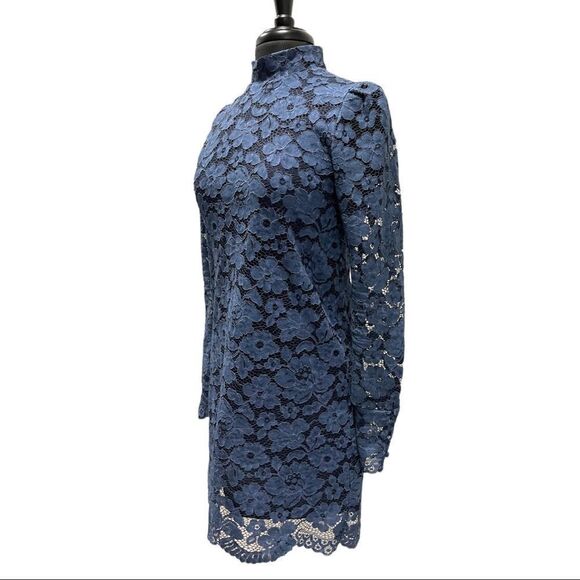 Zara Blue Lace Mini Dress with Mock Neck & Scallop Hem – Size M - Picture 6 of 15